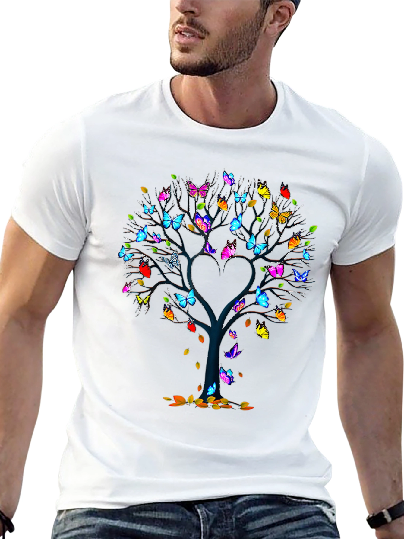 Butterfly Tree Heart Graphic Black T-Shirt
