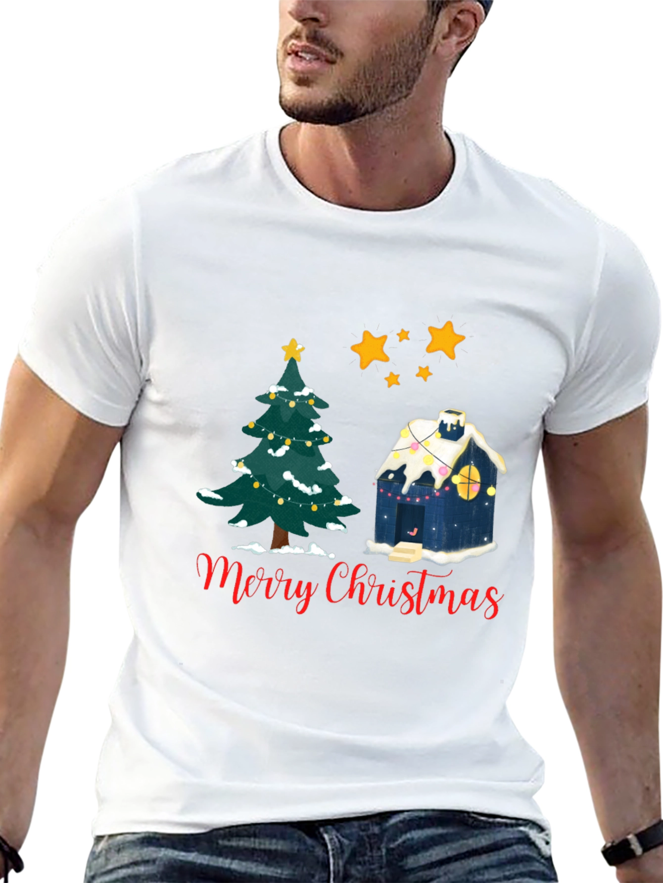 Festive Merry Christmas Tree and House Black T-shirt