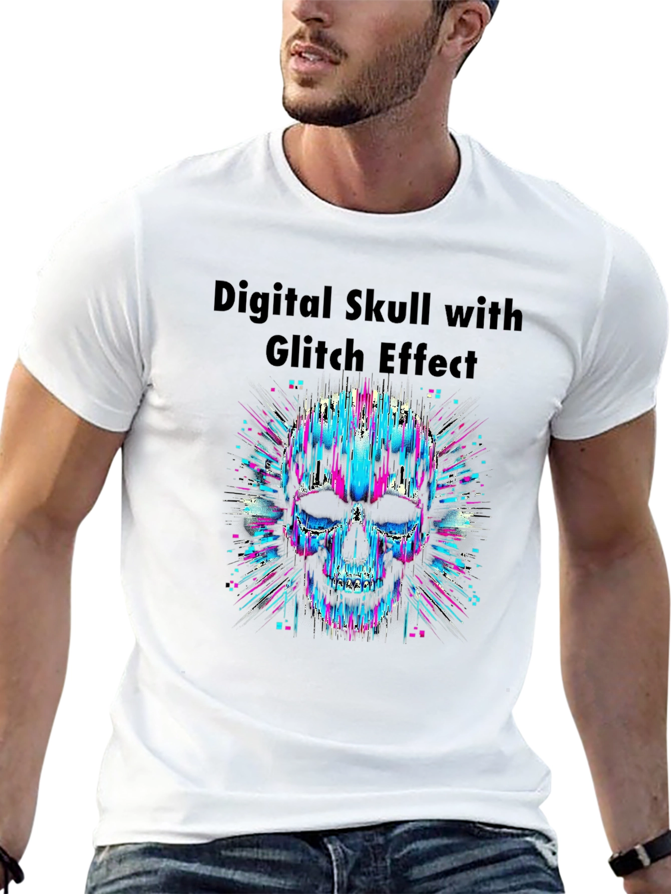 Digital Skull Glitch Effect Graphic T-Shirt