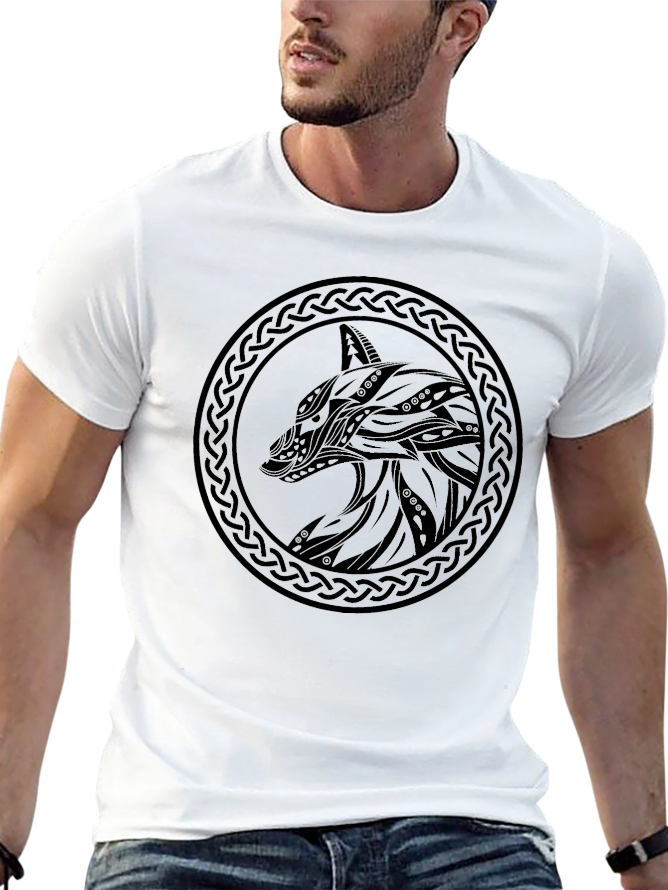Mens Black Wolf Design Graphic Tee