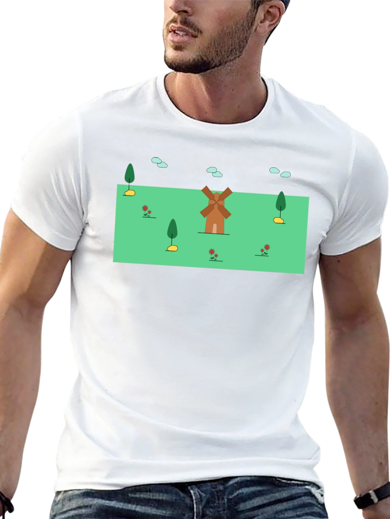 Whimsical Windmill Graphic Tee - Black Cotton Blend