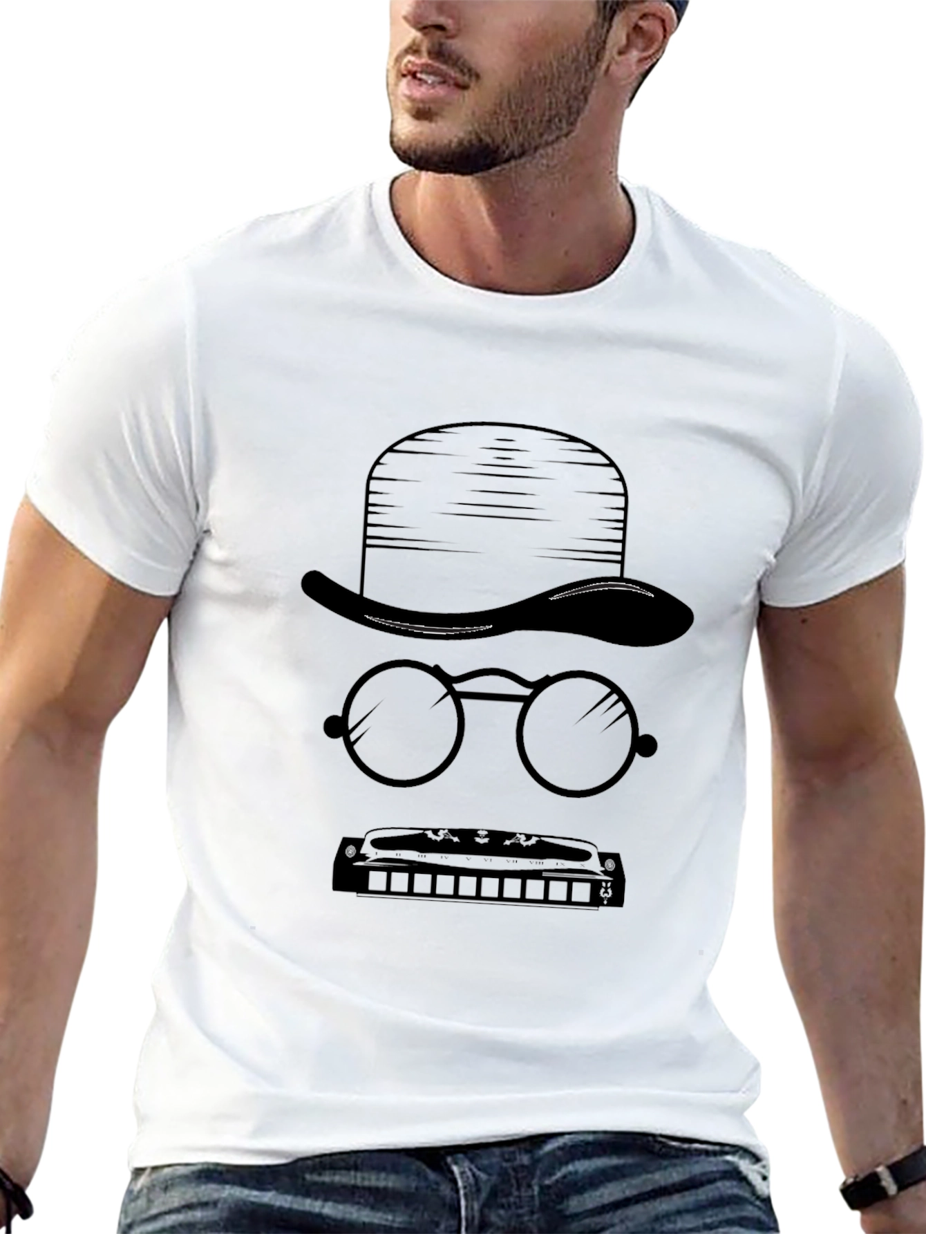 Mystery Man Tee - Hat Glasses Harmonica Graphic T-Shirt