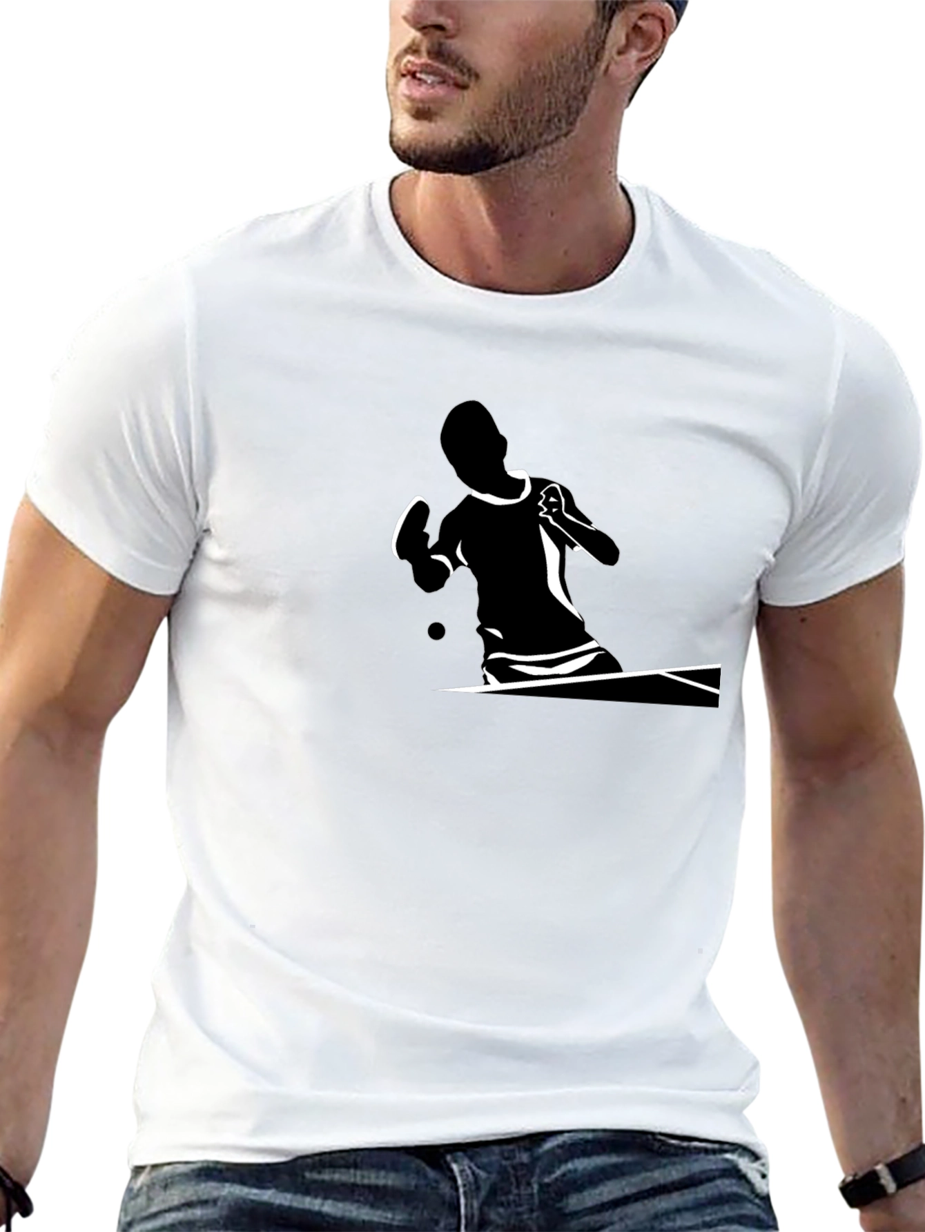 Stylish Black T-Shirt with Table Tennis Player Design