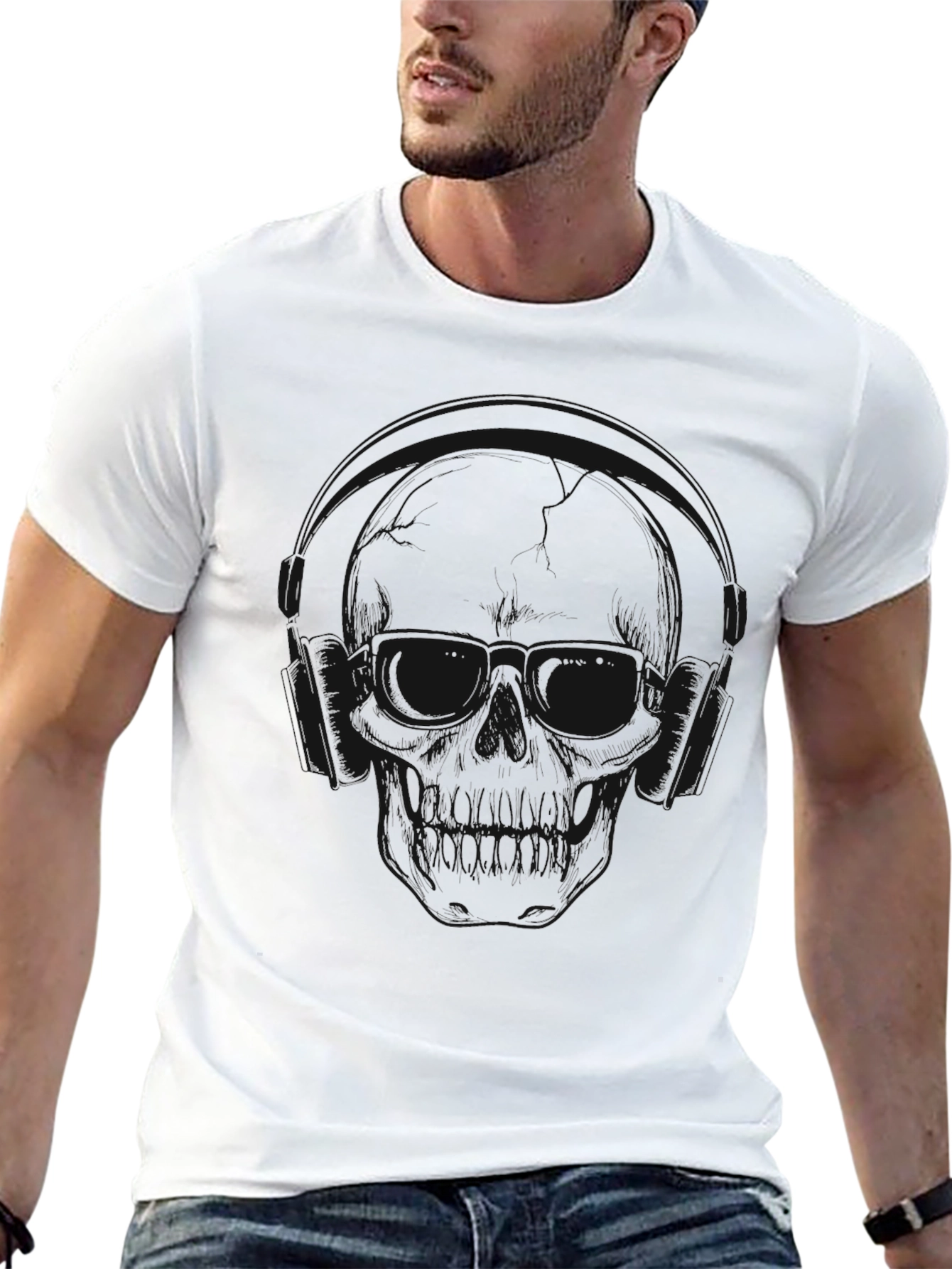 Skull with Headphones Graphic T-Shirt - Black