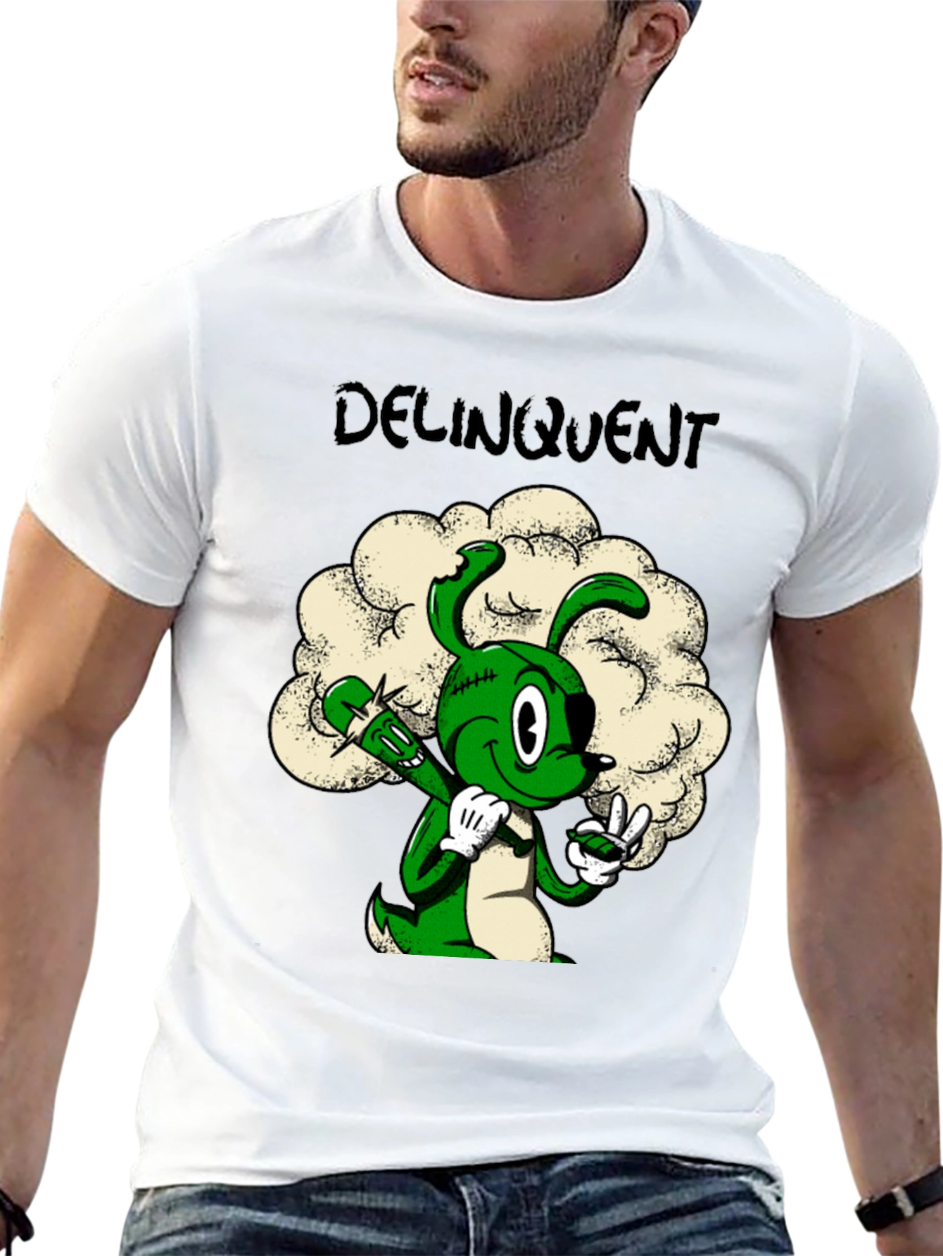 Delinquent Green Cartoon Bunny T-Shirt