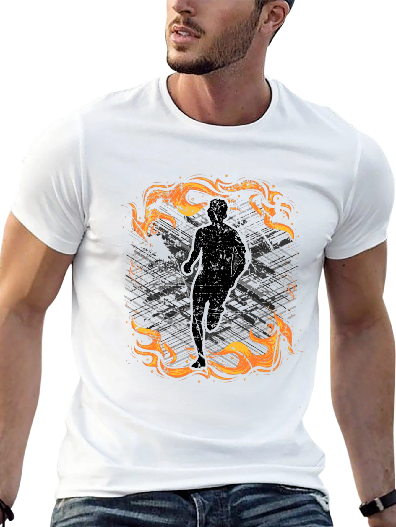Mens Black Graphic Tee - Running in Flames Design