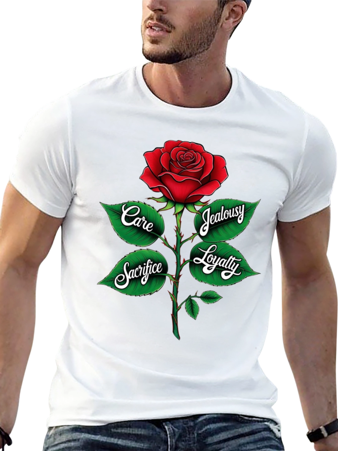 Rose Graphic Tee: Care Sacrifice Loyalty & Jealousy