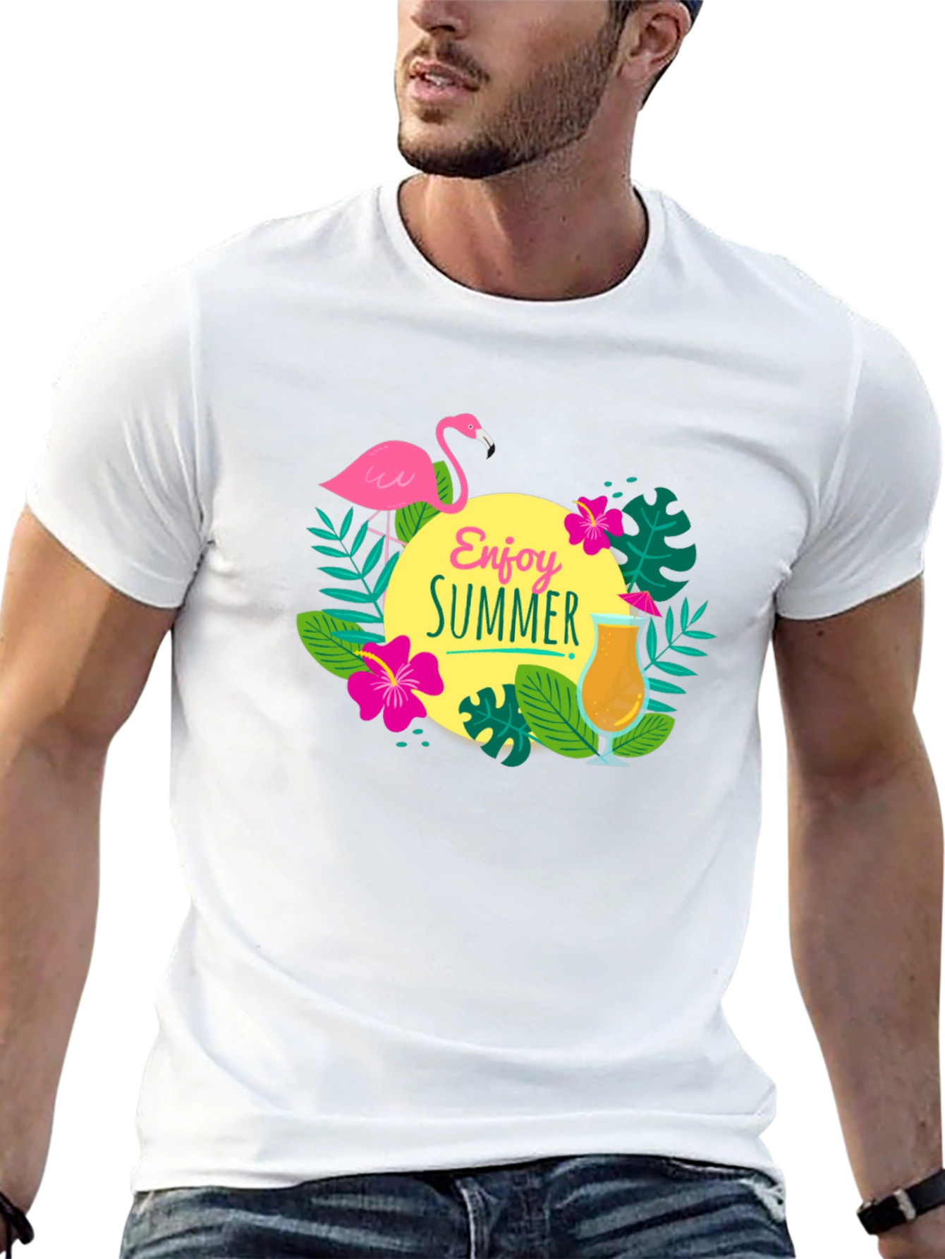 Enjoy Summer T-Shirt - Flamingo & Cocktail Graphic Tee