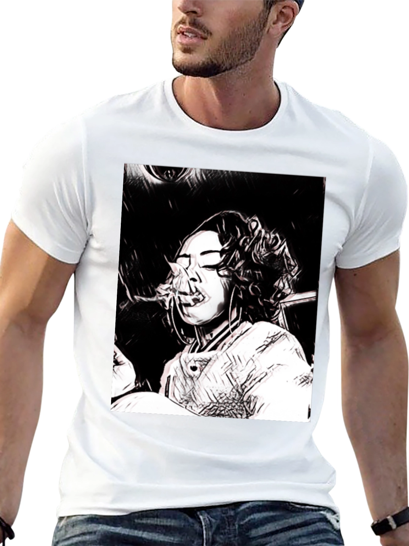 Black T-Shirt with Woman Smoking Graphic