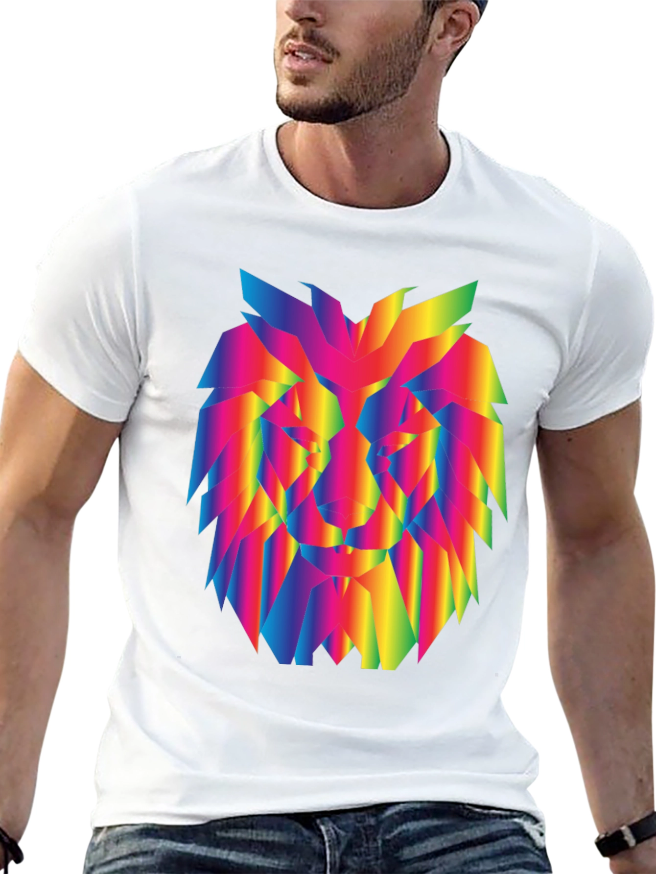 Rainbow Geometric Lion Graphic Black T-Shirt