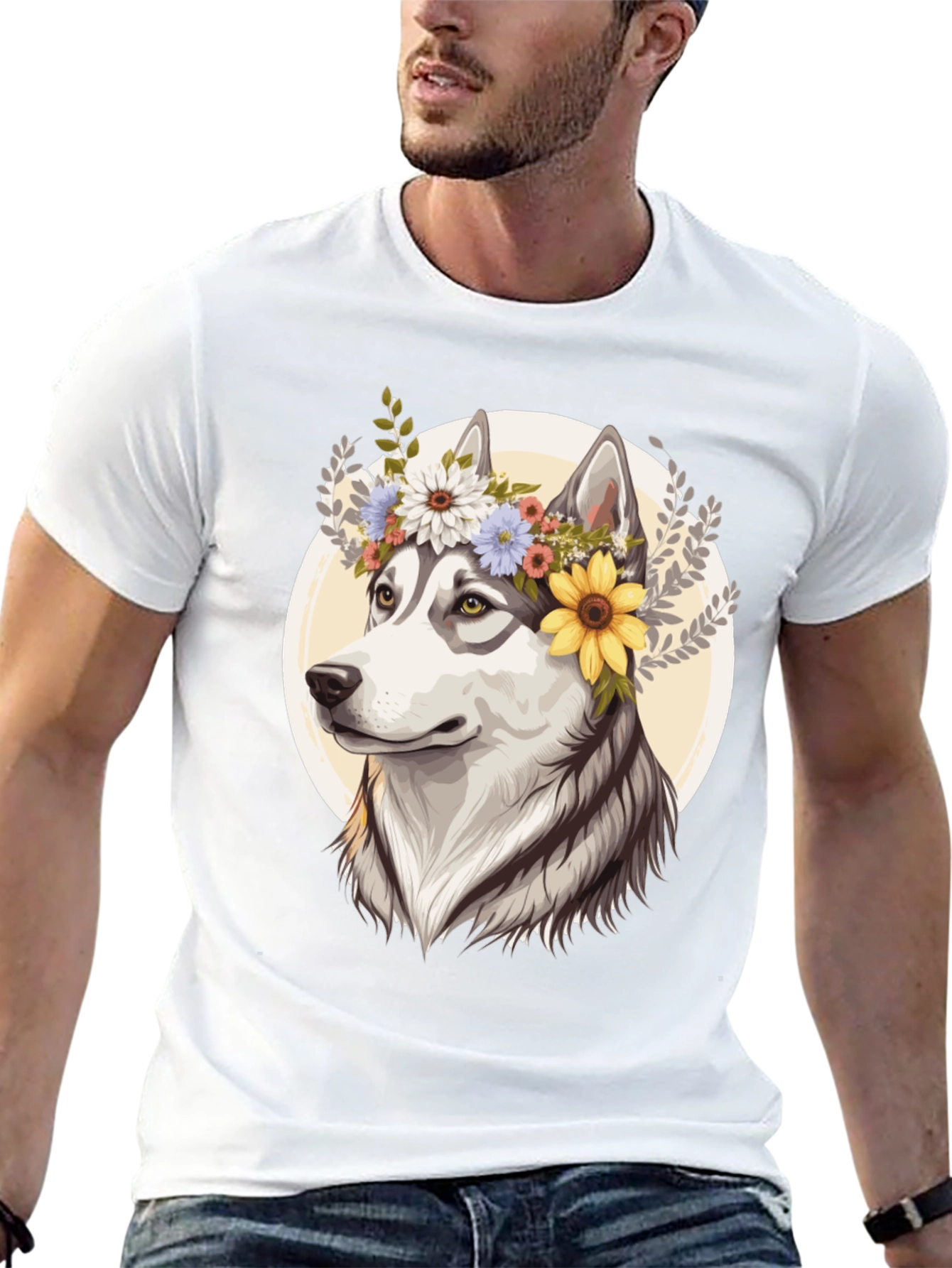 Floral Husky Graphic Tee - Black Unisex T-Shirt