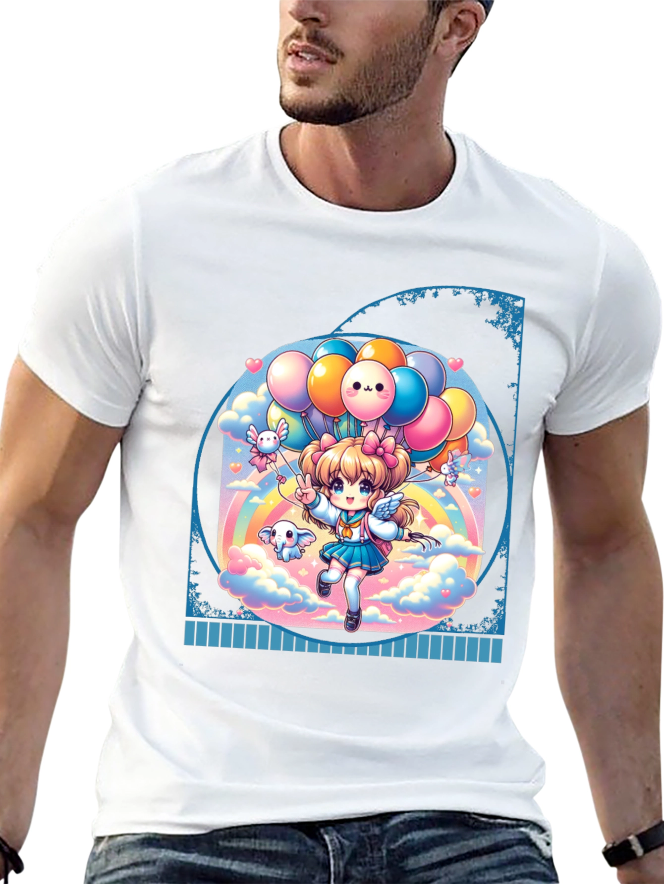 Kawaii Anime Girl with Balloons Black T-Shirt