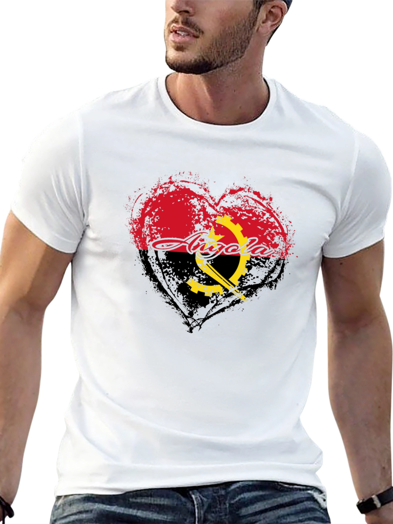 Angola Flag Heart T-Shirt - Black Crew Neck Tee