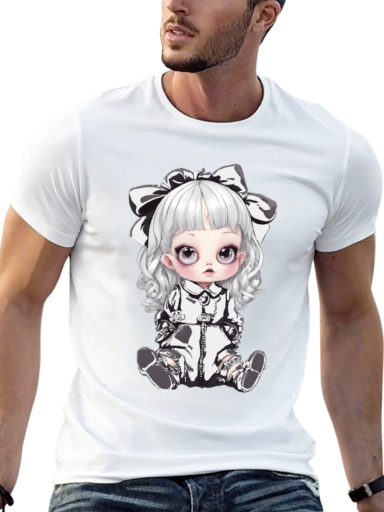Black T-Shirt with Gothic Doll Design