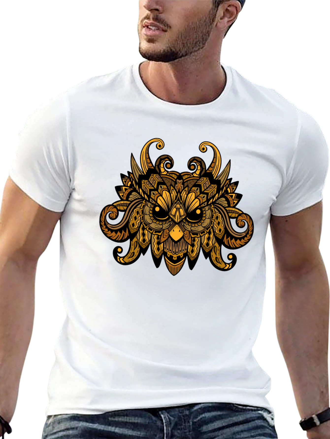 Owl Mandala Graphic Print Black T-Shirt