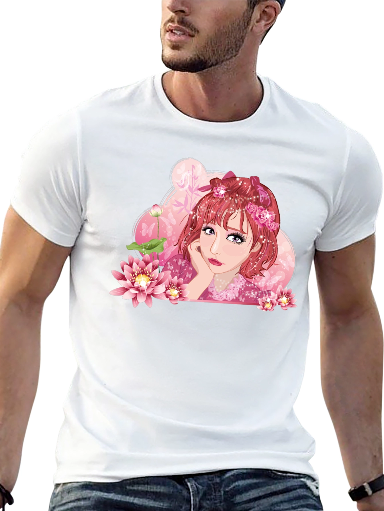 Anime Girl Lotus Black T-Shirt