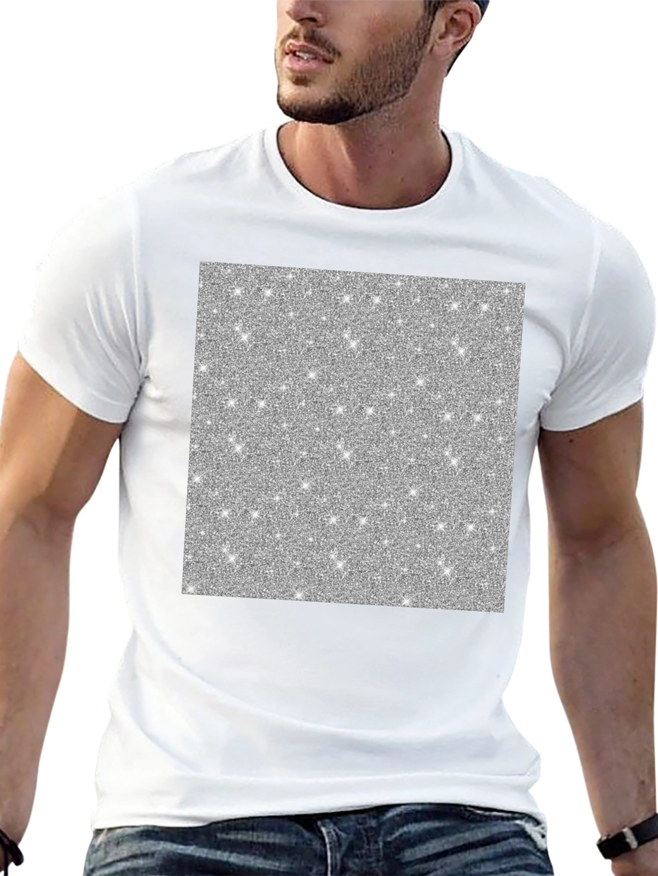 Sparkling Silver Glitter Graphic Black T-Shirt