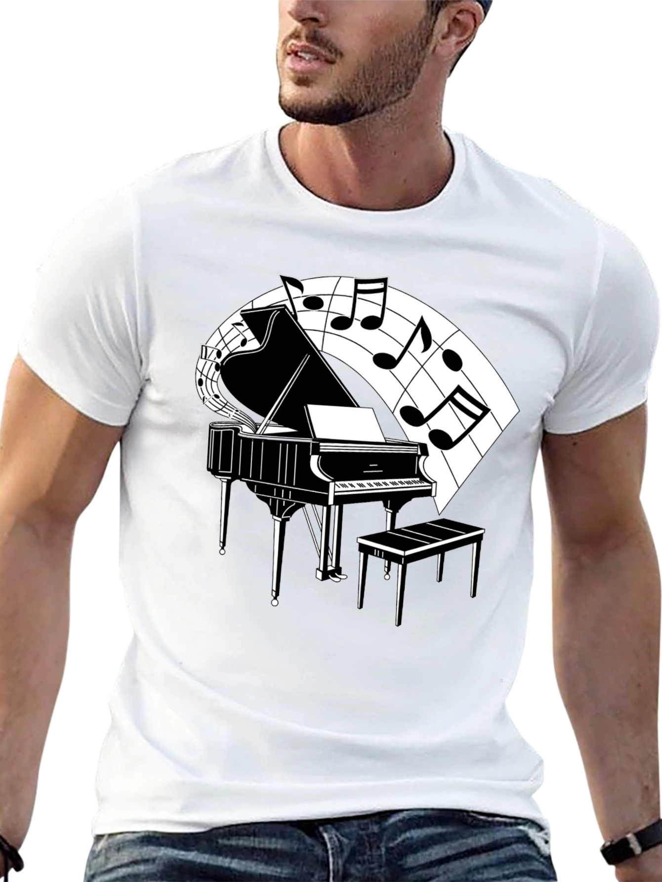 Piano and Music Note Graphic Tee - Classic Black
