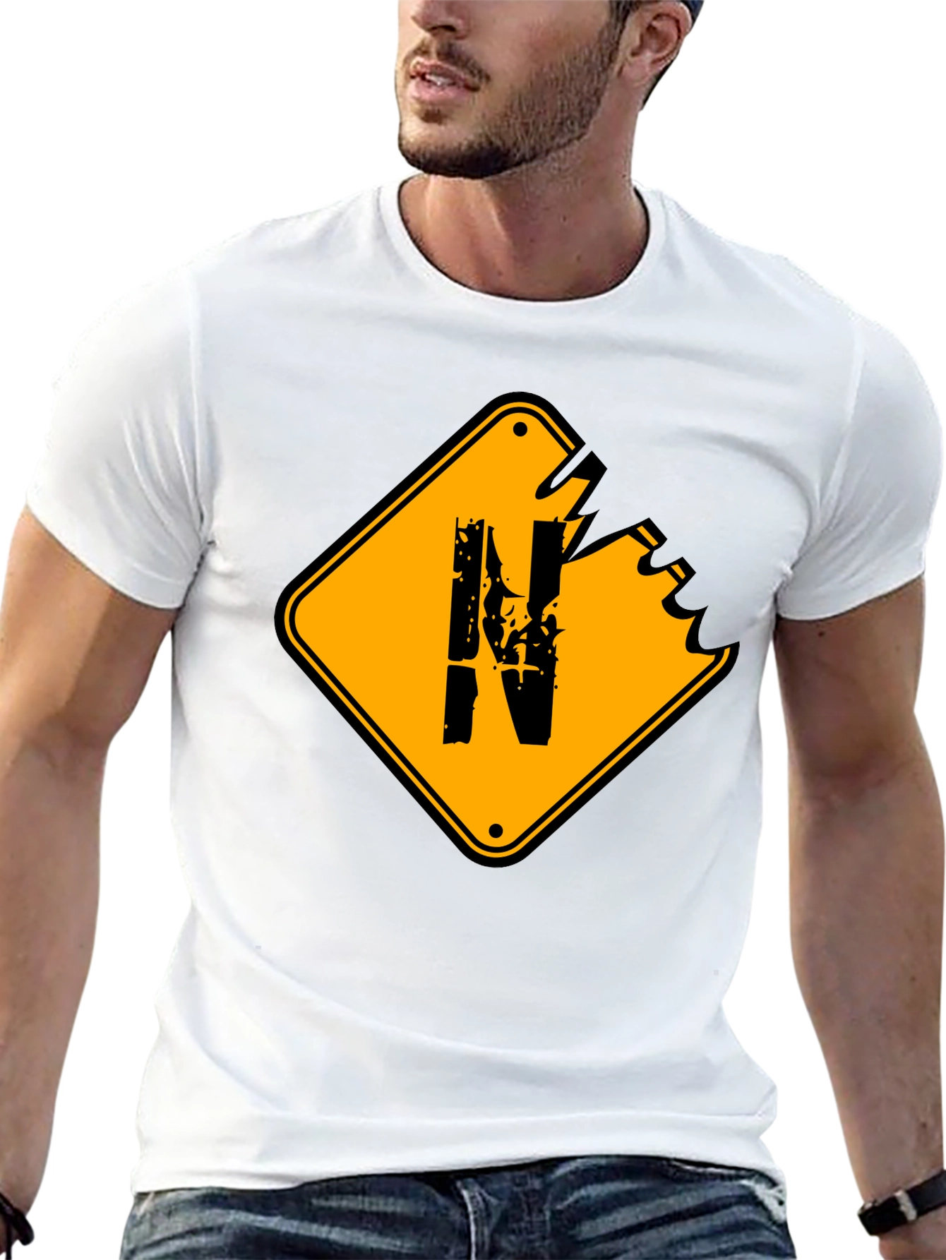 Distressed N Letter Graphic Mens Black T-Shirt
