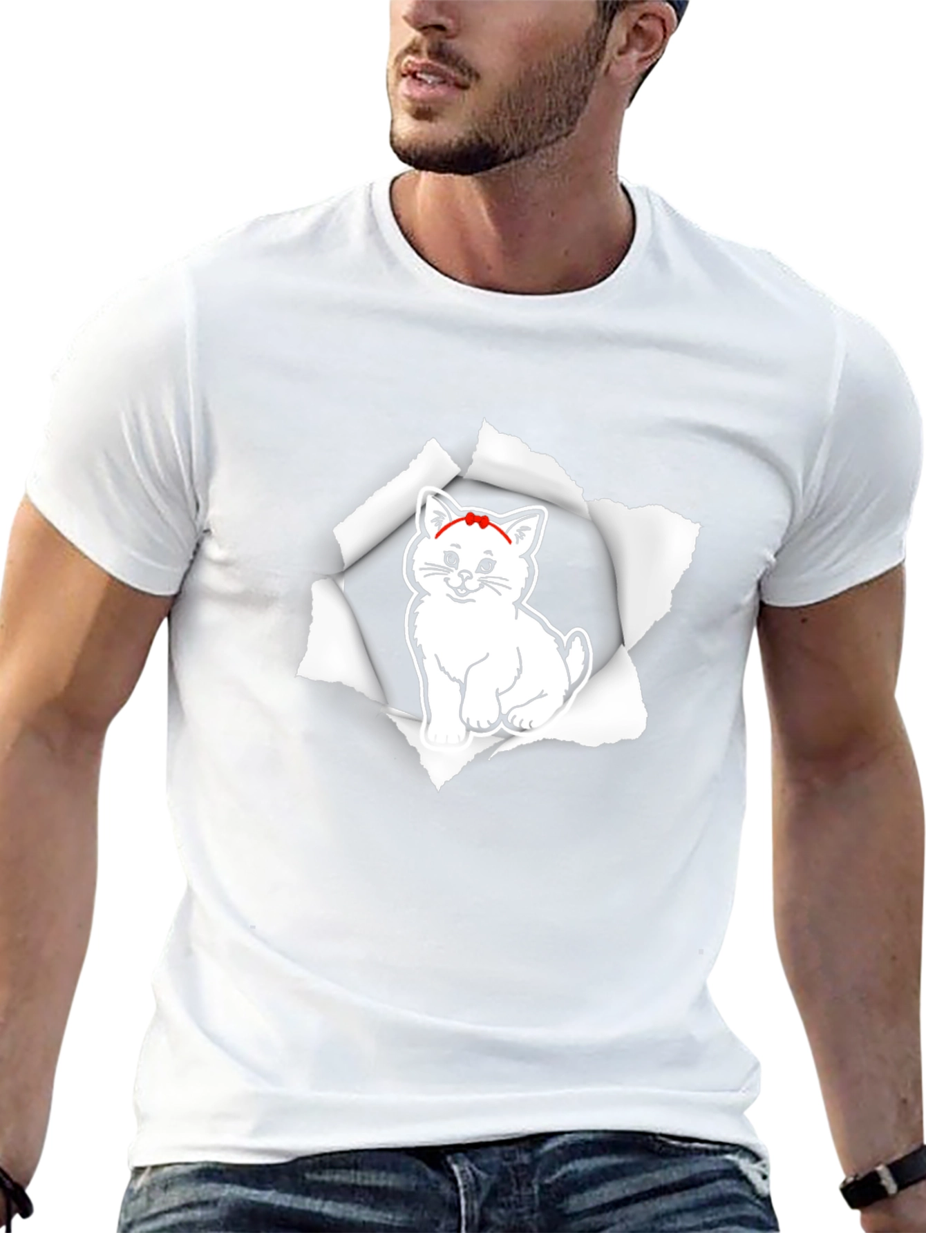 Mens Black T-Shirt with Cat Graphic