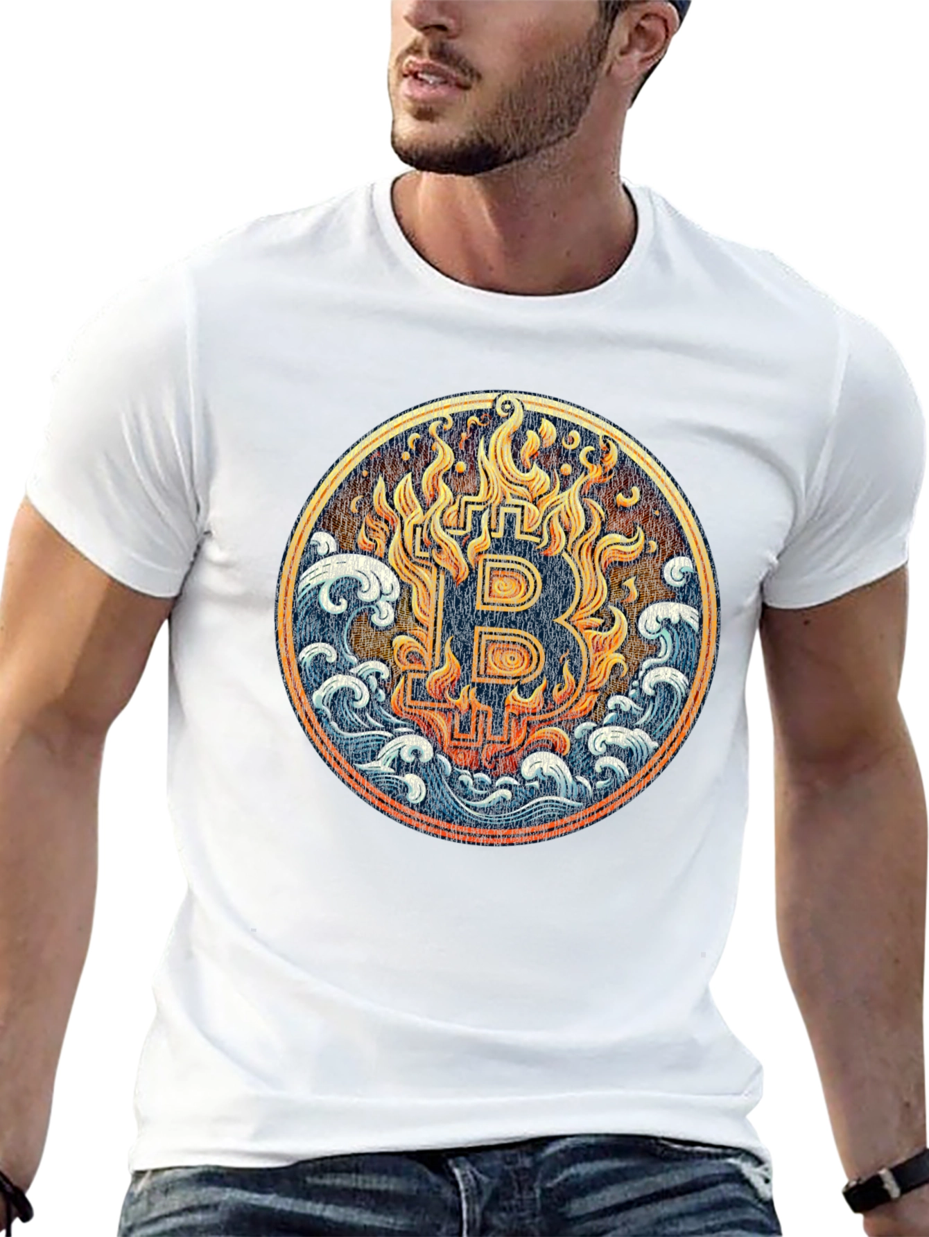 Bitcoin Fire & Waves Graphic Tee - Black