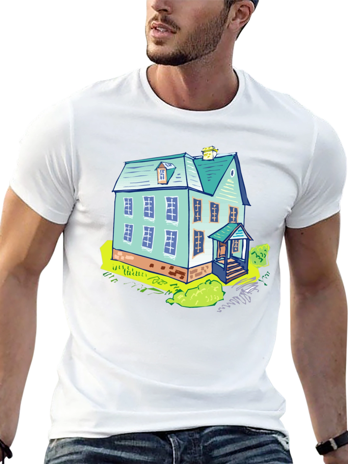 Cartoon House Graphic Tee - Black Cotton T-Shirt