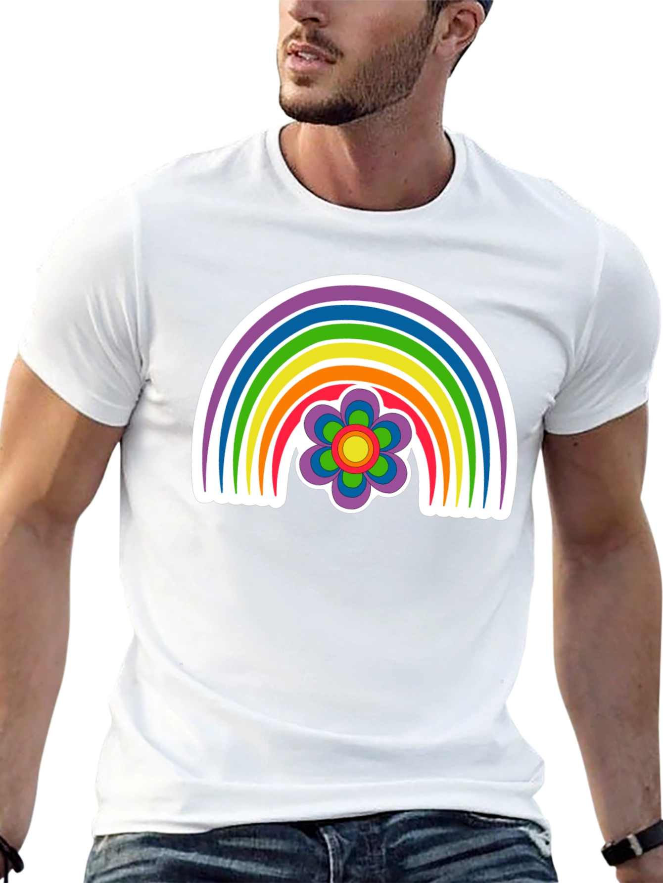 Retro Rainbow Flower Graphic Tee - Black