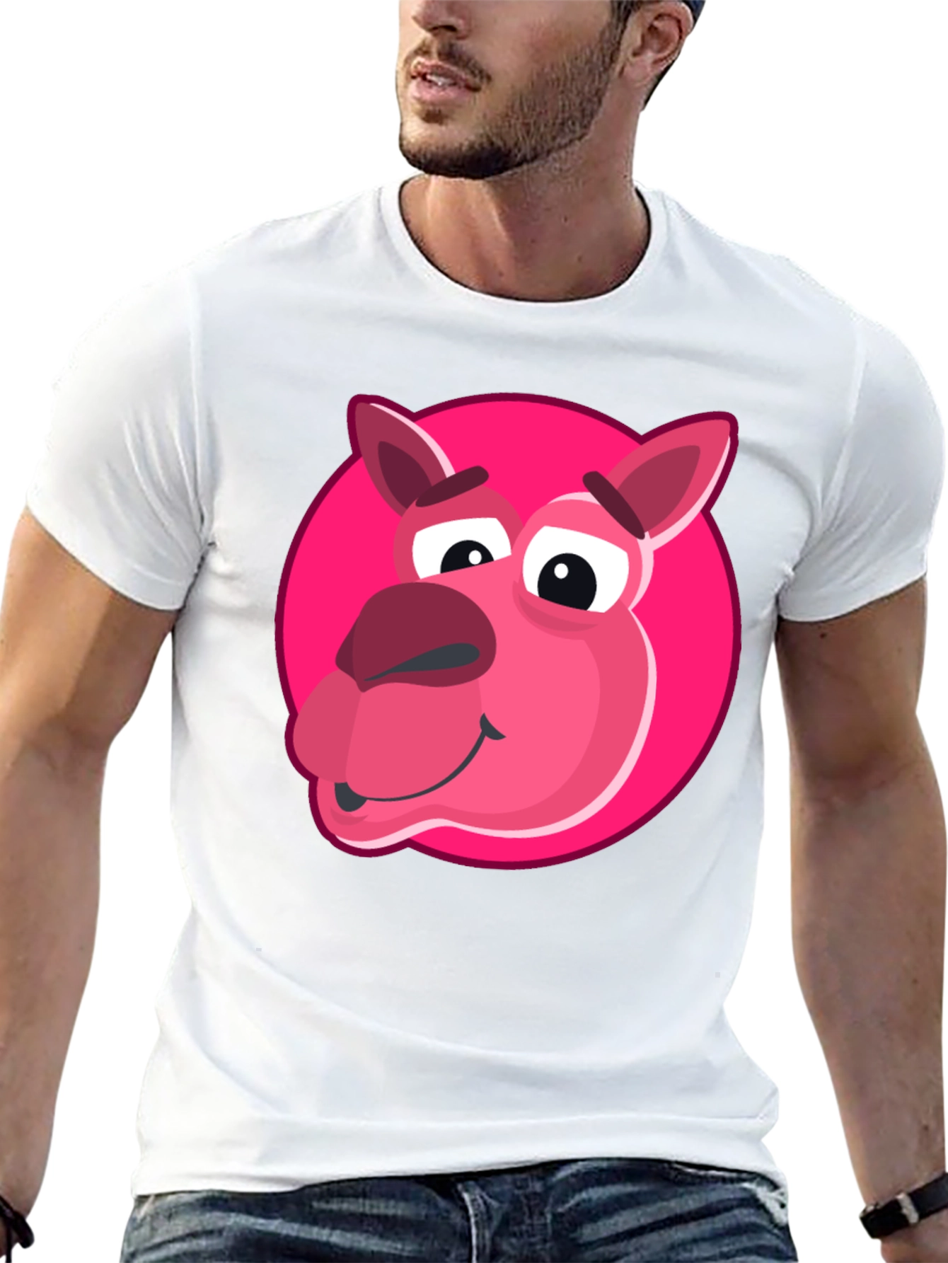 Cartoon Pink Animal Graphic Black T-Shirt