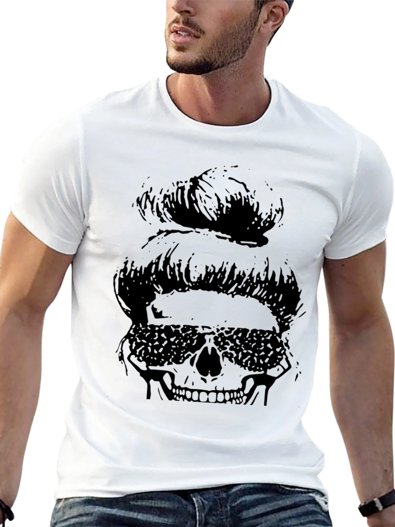 Messy Bun Skull Graphic Tee - Black