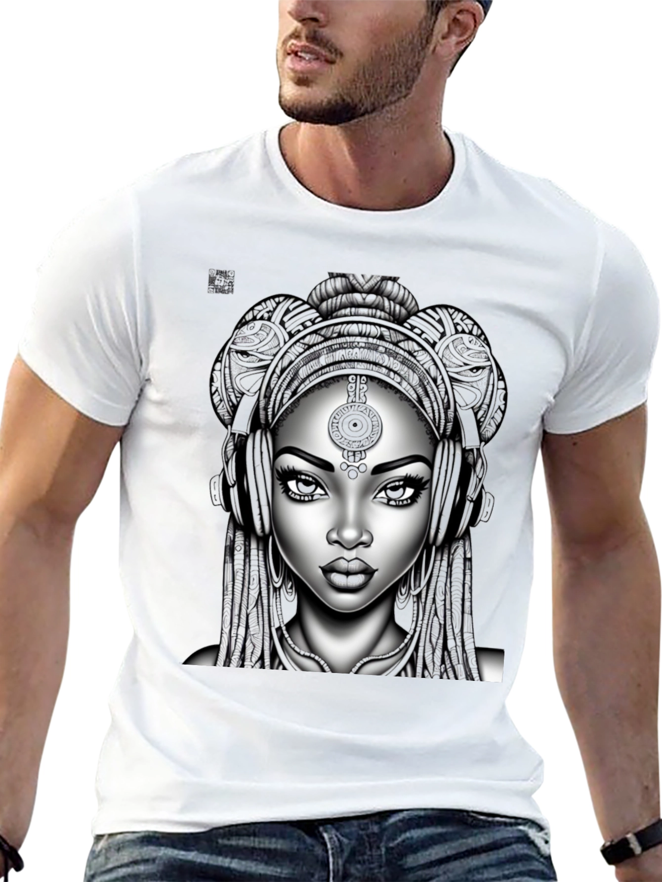 Graphic Tee: Afro-futuristic Woman with Headphones - Black