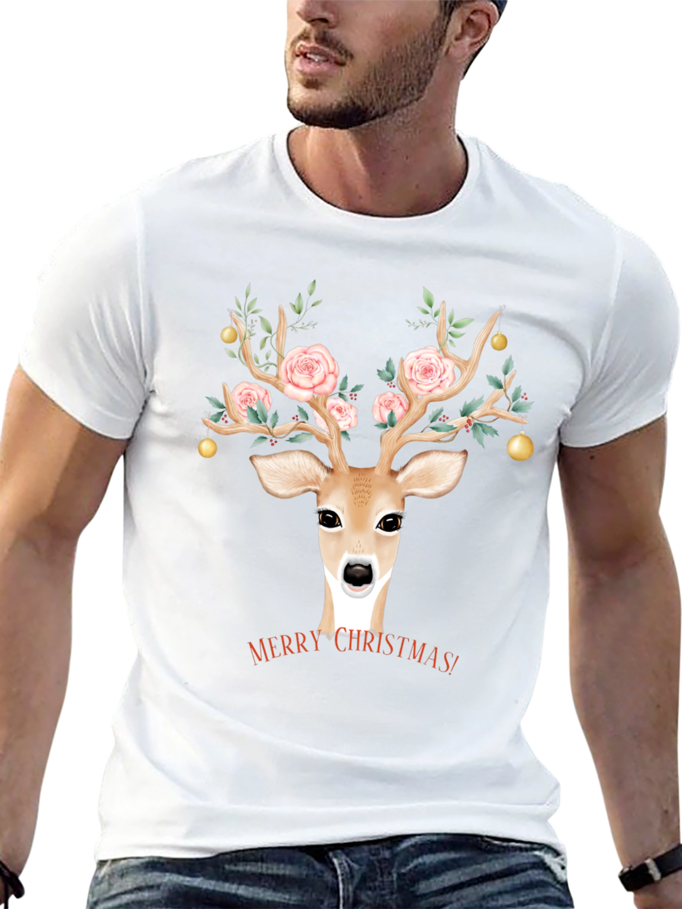 Christmas Deer Floral Antlers Graphic Tee