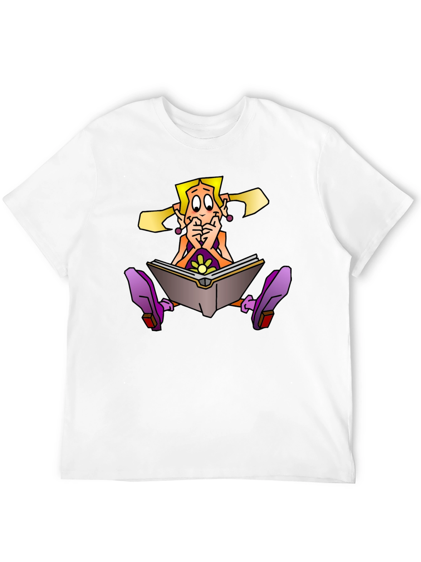 Cartoon Girl Reading Book on Black T-Shirt