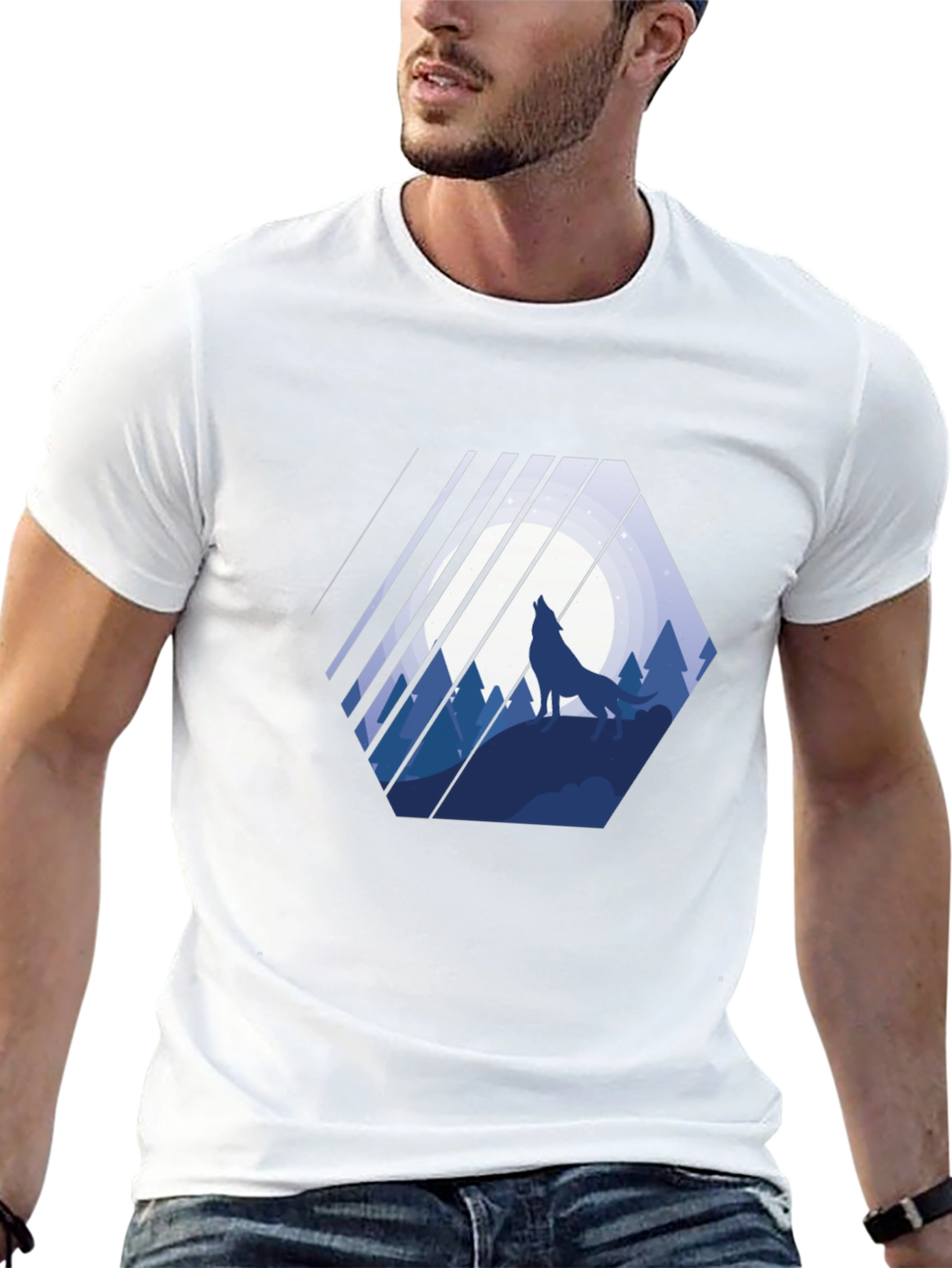 Wolf Silhouette Graphic Print Mens Black T-Shirt