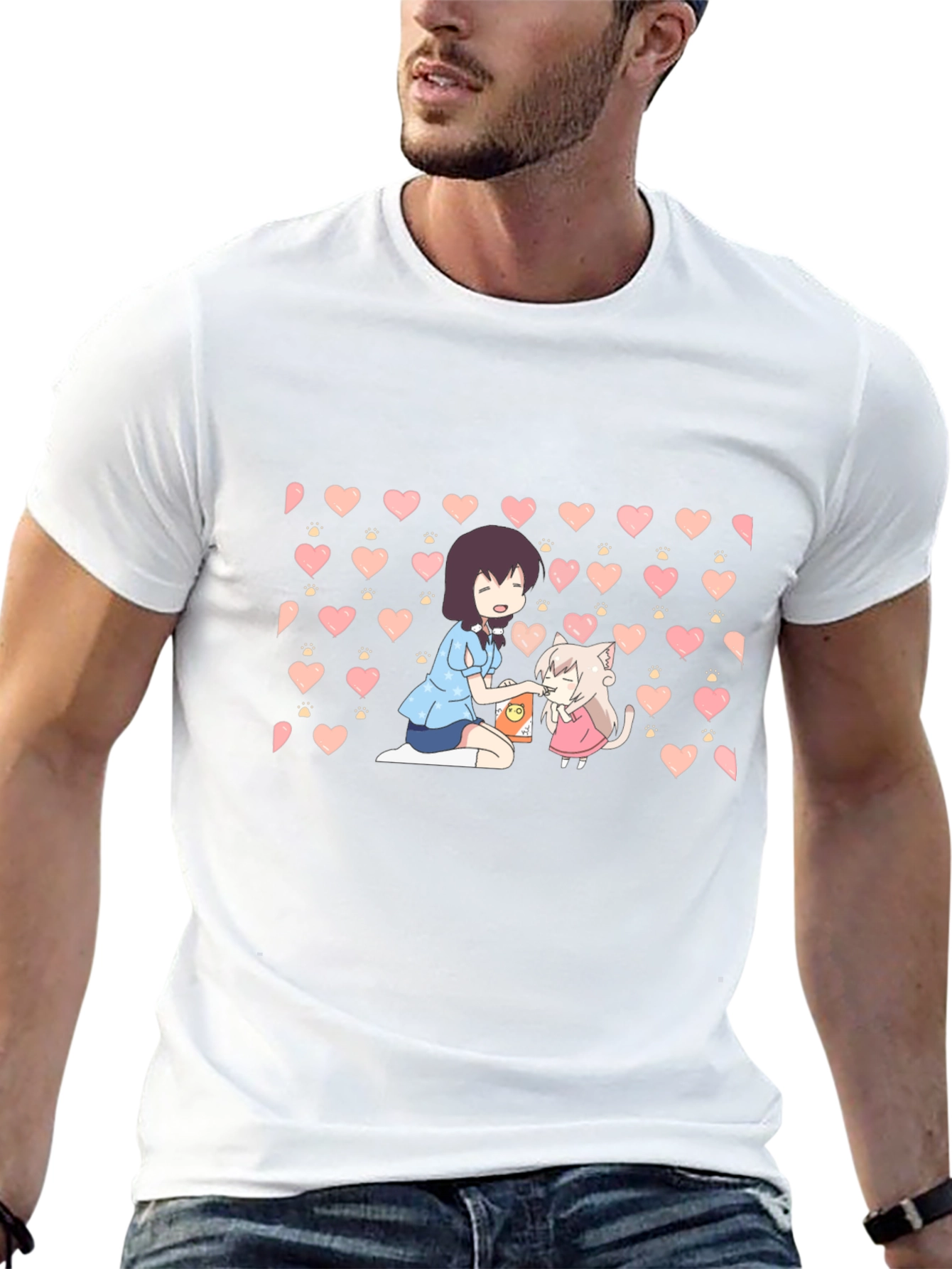 Anime Girl & Cat Heart Pattern Black T-Shirt