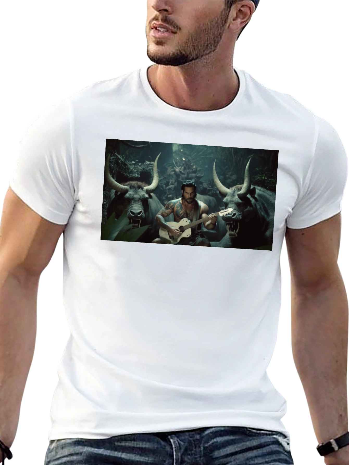 Black T-Shirt with Guitar Playing Bull Illustration