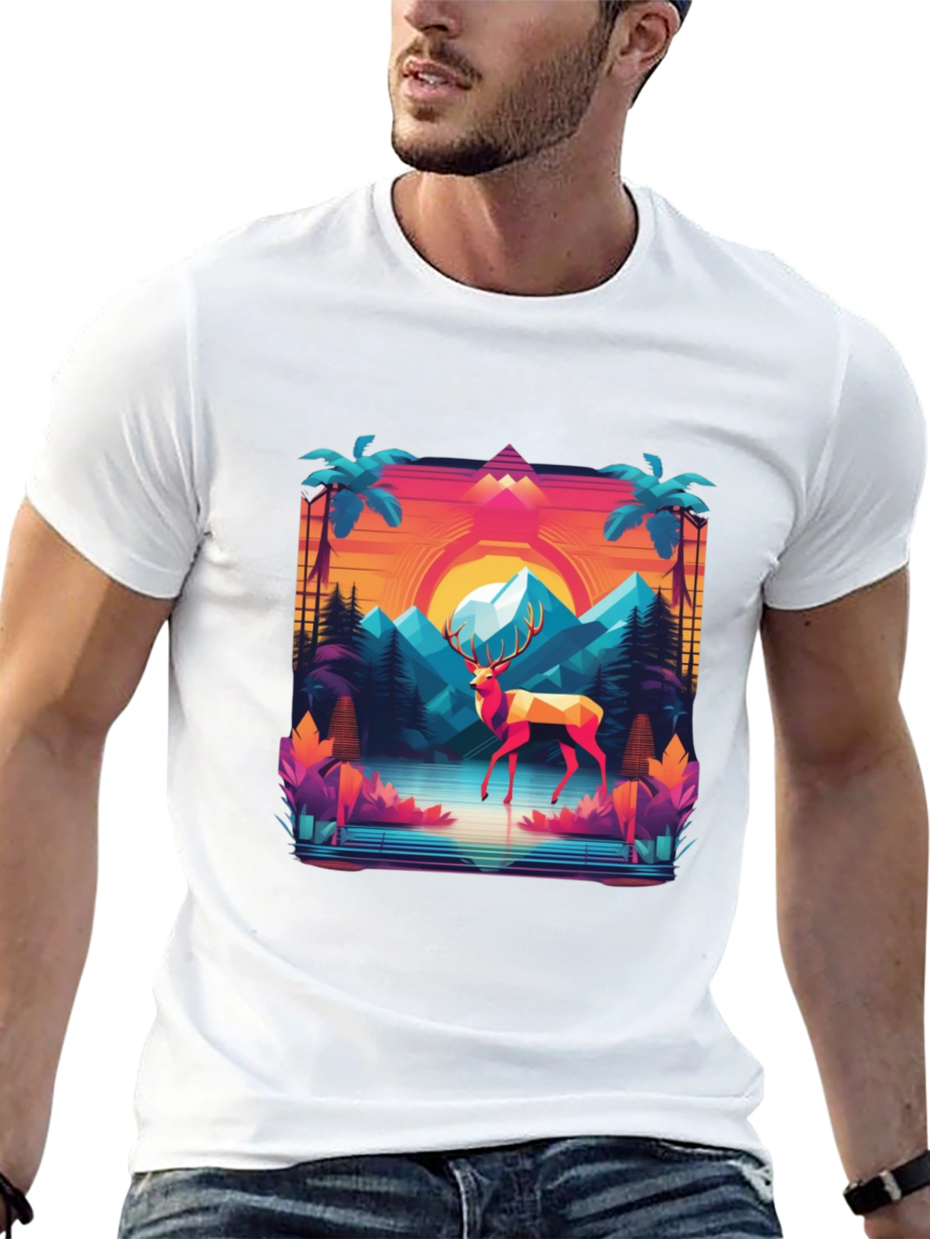 Retro Deer Graphic Tee - Synthwave Style