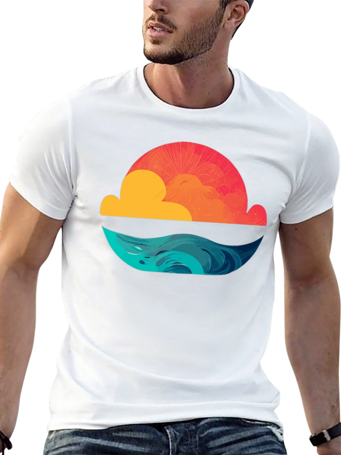 Sunset Waves Graphic Tee - Black Cotton T-Shirt