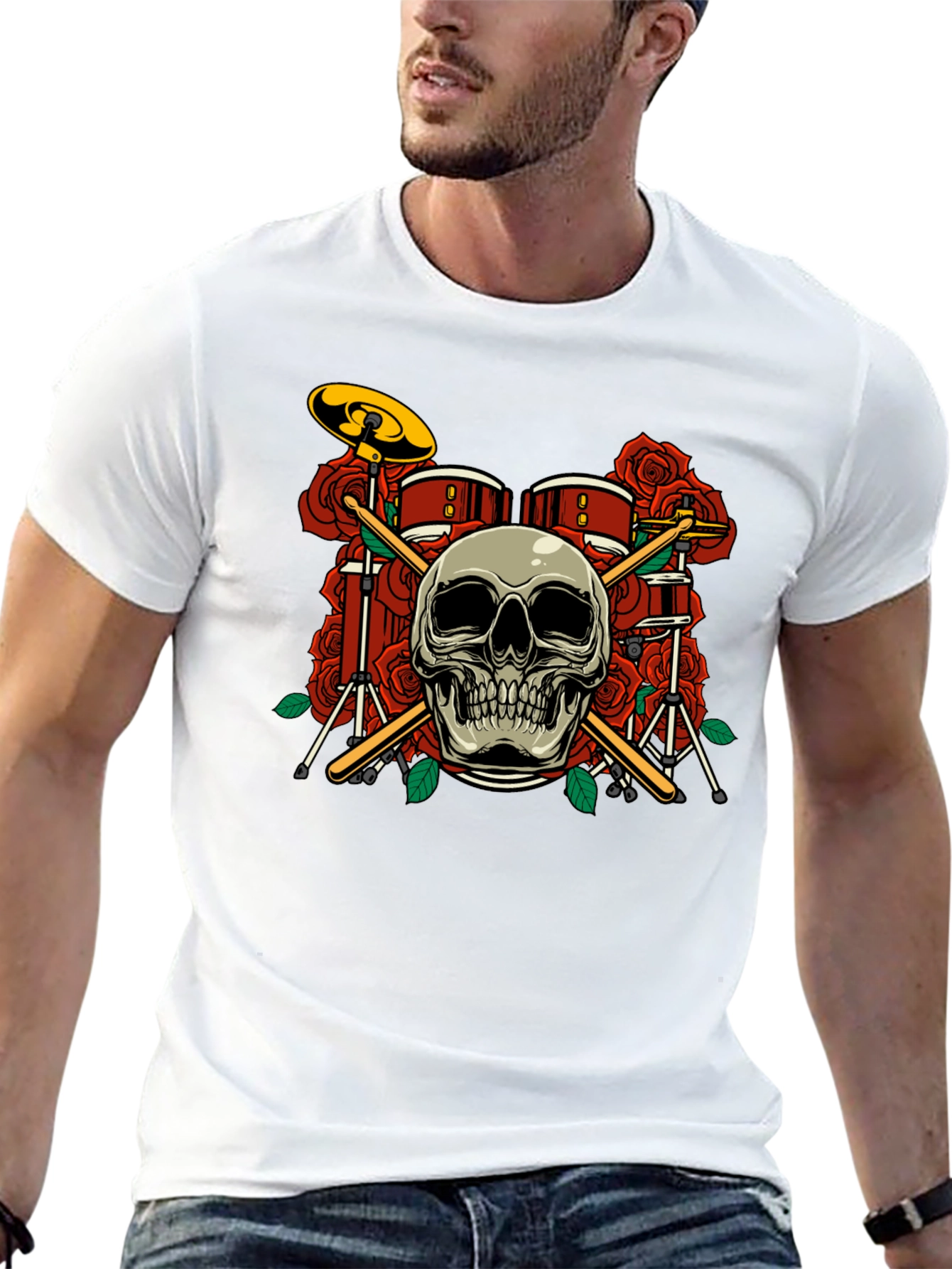 Skull Drum Set Roses Graphic Tee