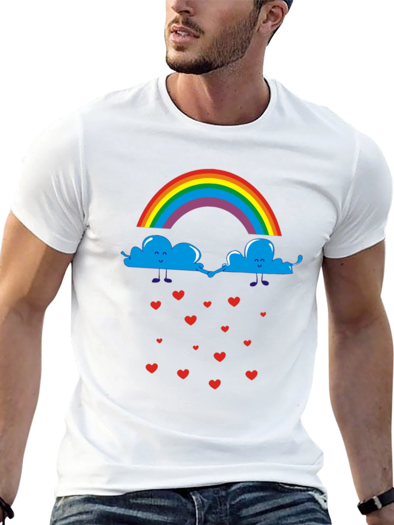 Rainbow Clouds & Hearts Black Graphic T-Shirt