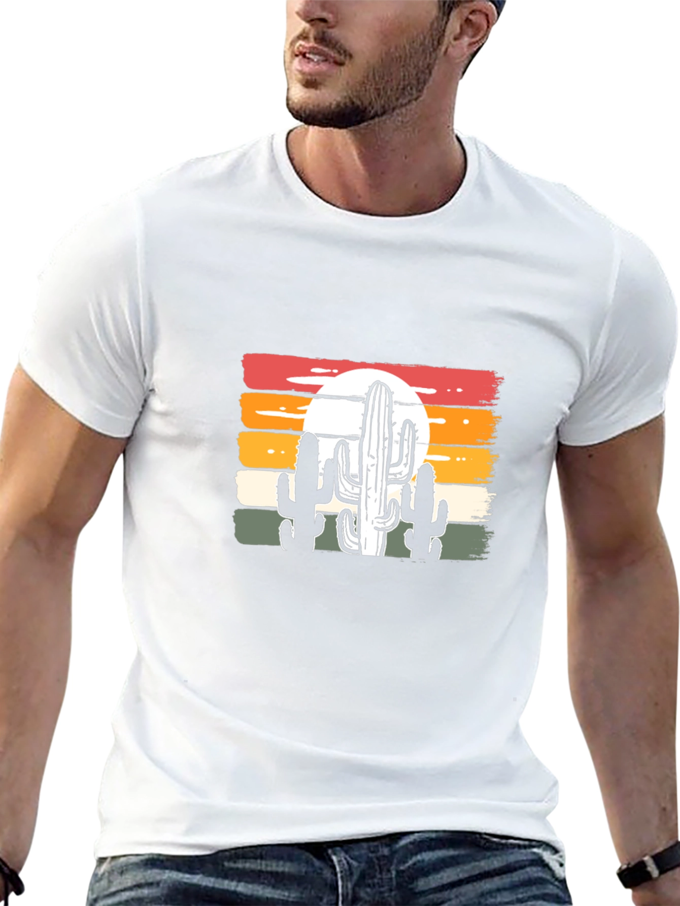 Retro Sunset Cactus Graphic Tee - Black Cotton Blend