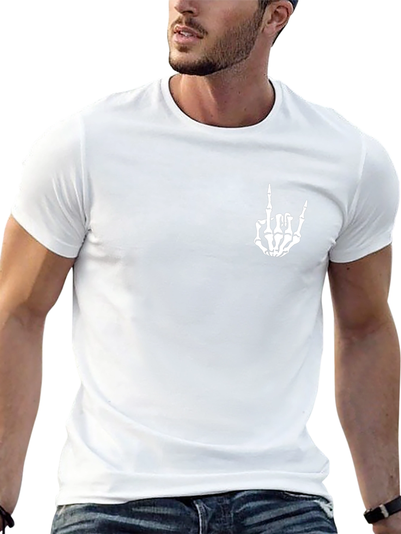 Black Graphic Tee - Skeleton Hand Rock On Sign