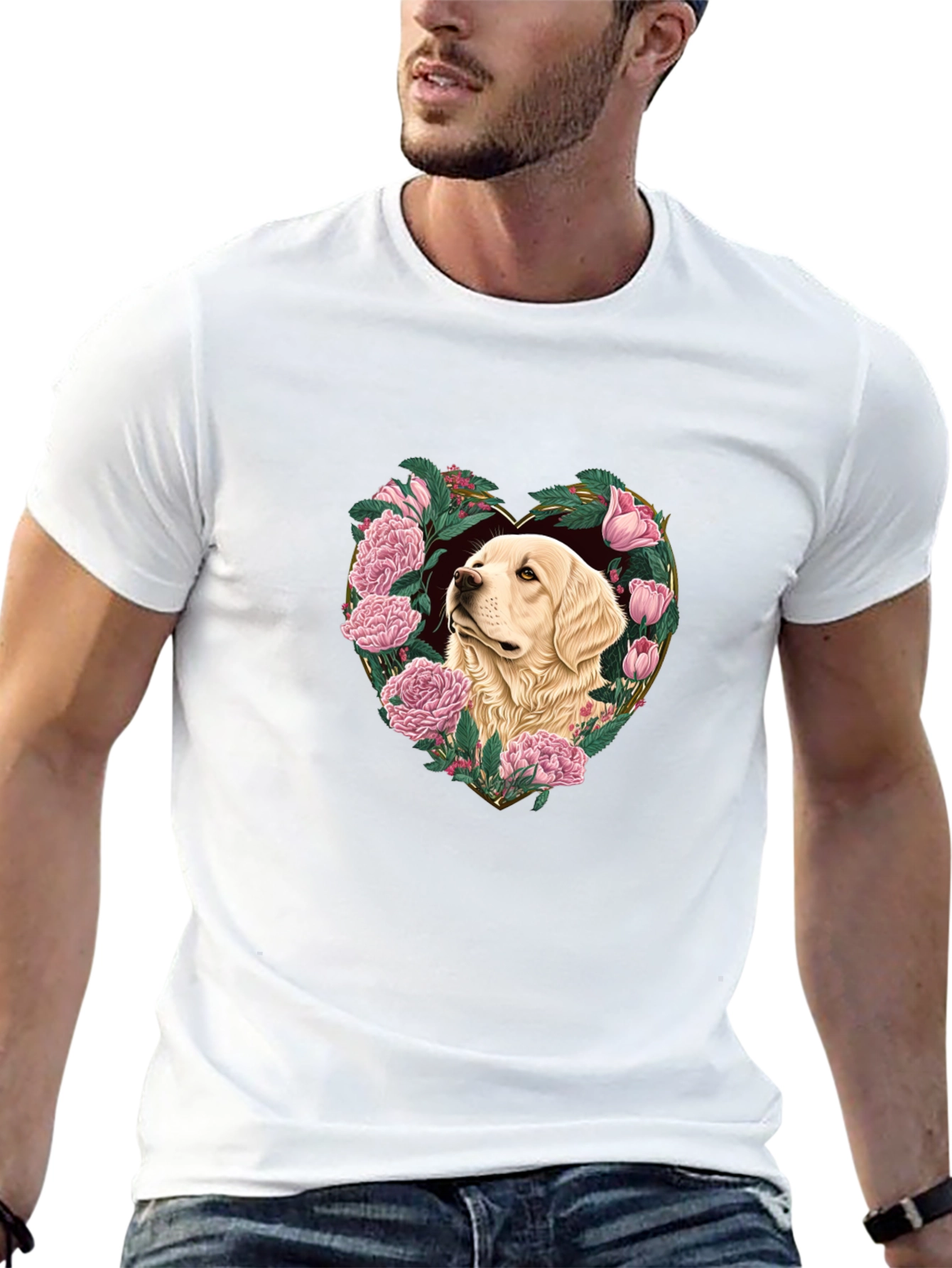 Dog and Floral Heart Graphic Black T-Shirt