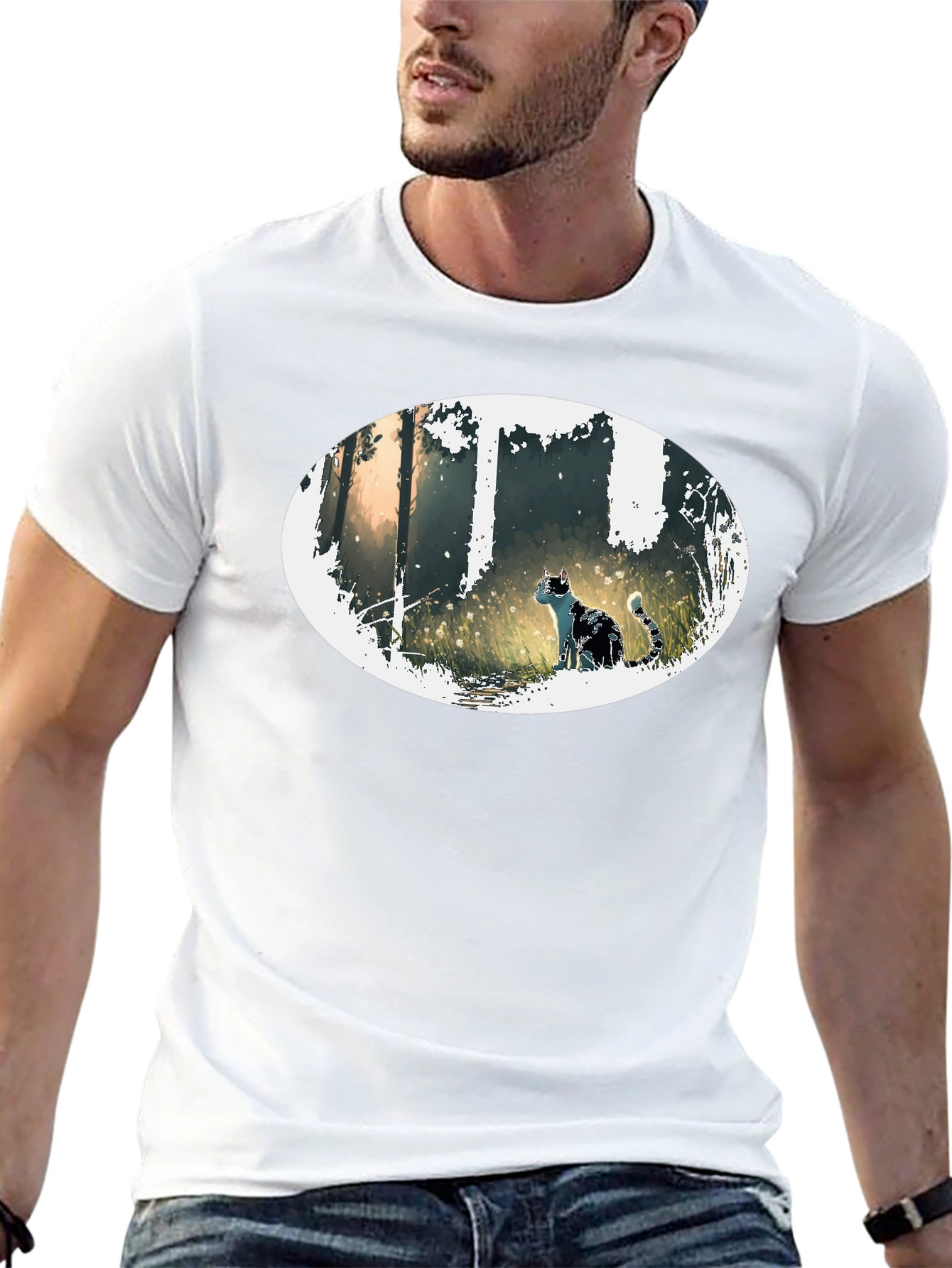 Cat in Forest Oval Graphic Black T-Shirt