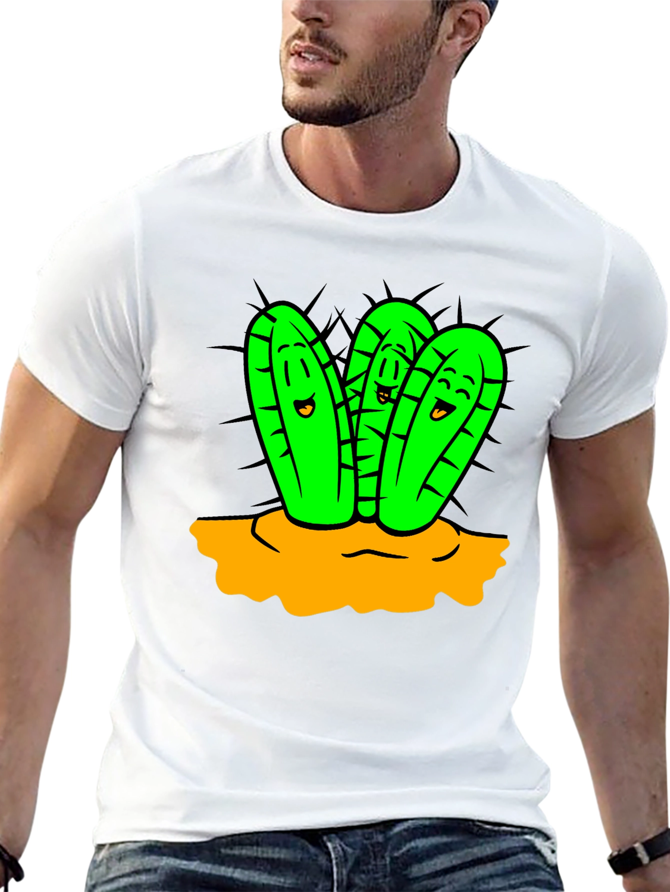 Cartoon Cactus Graphic T-Shirt - Unisex Black Tee