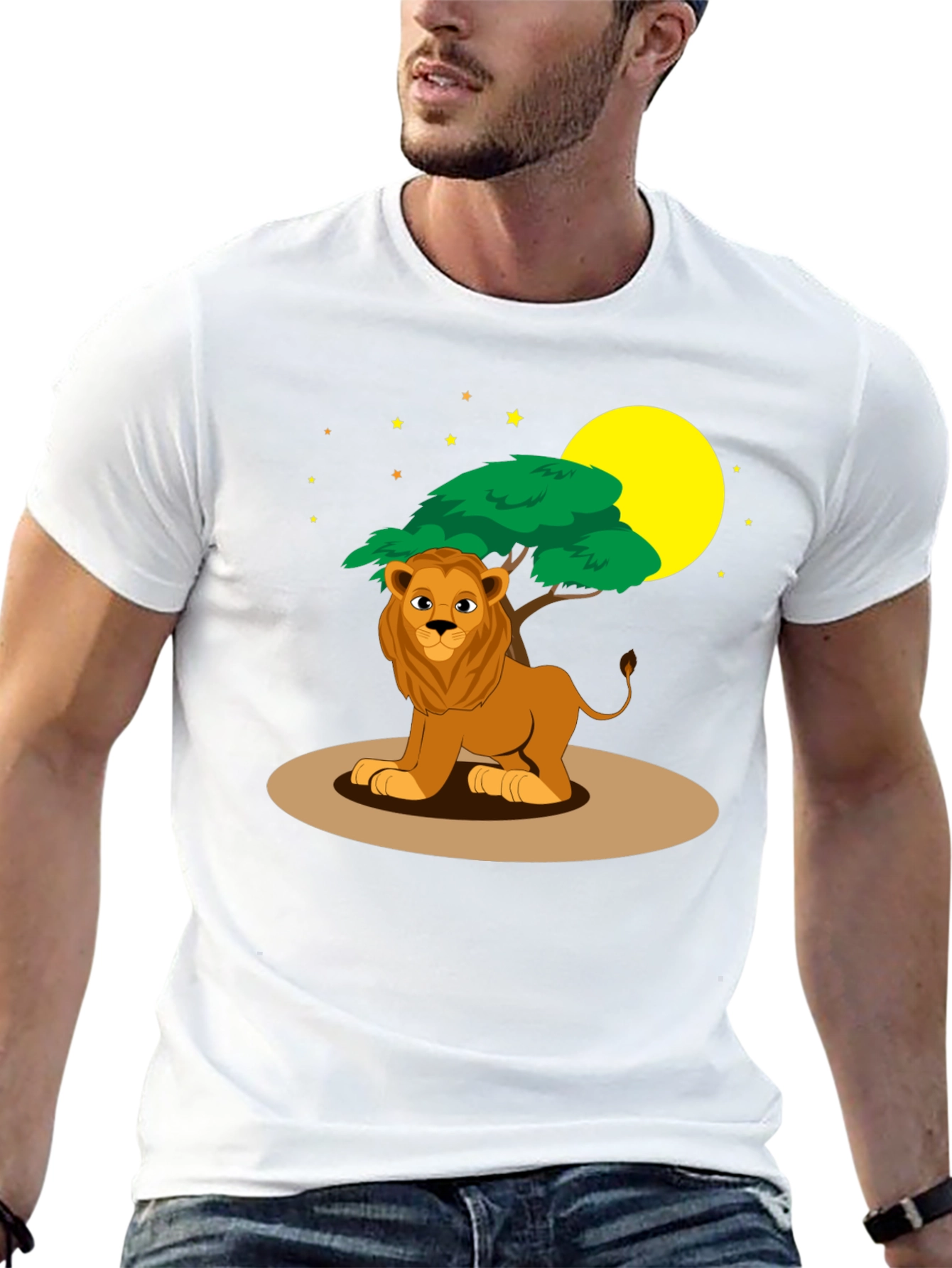Cartoon Lion & Savannah Scene Black T-Shirt