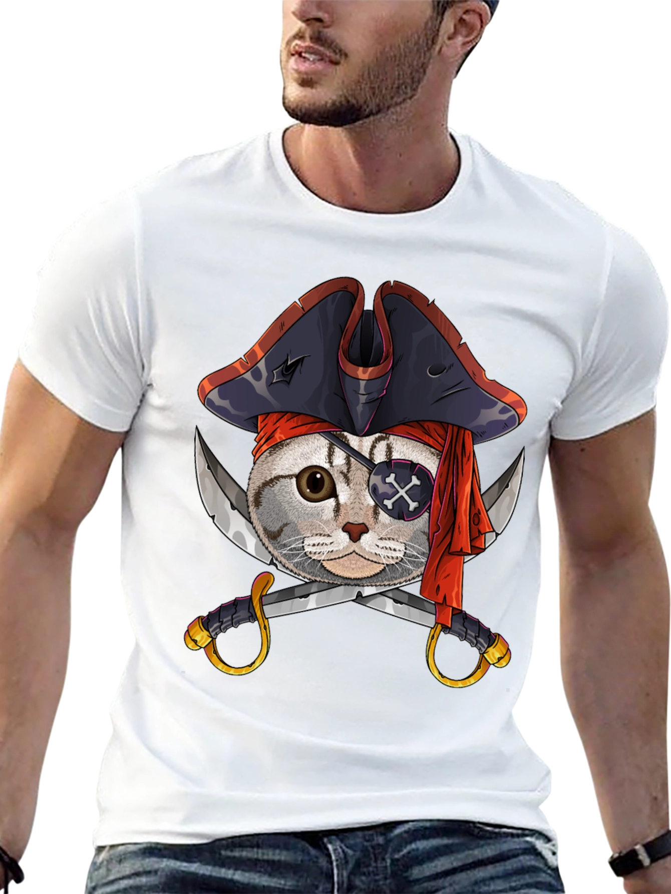 Pirate Cat Graphic Tee - Mens Black Cotton T-Shirt