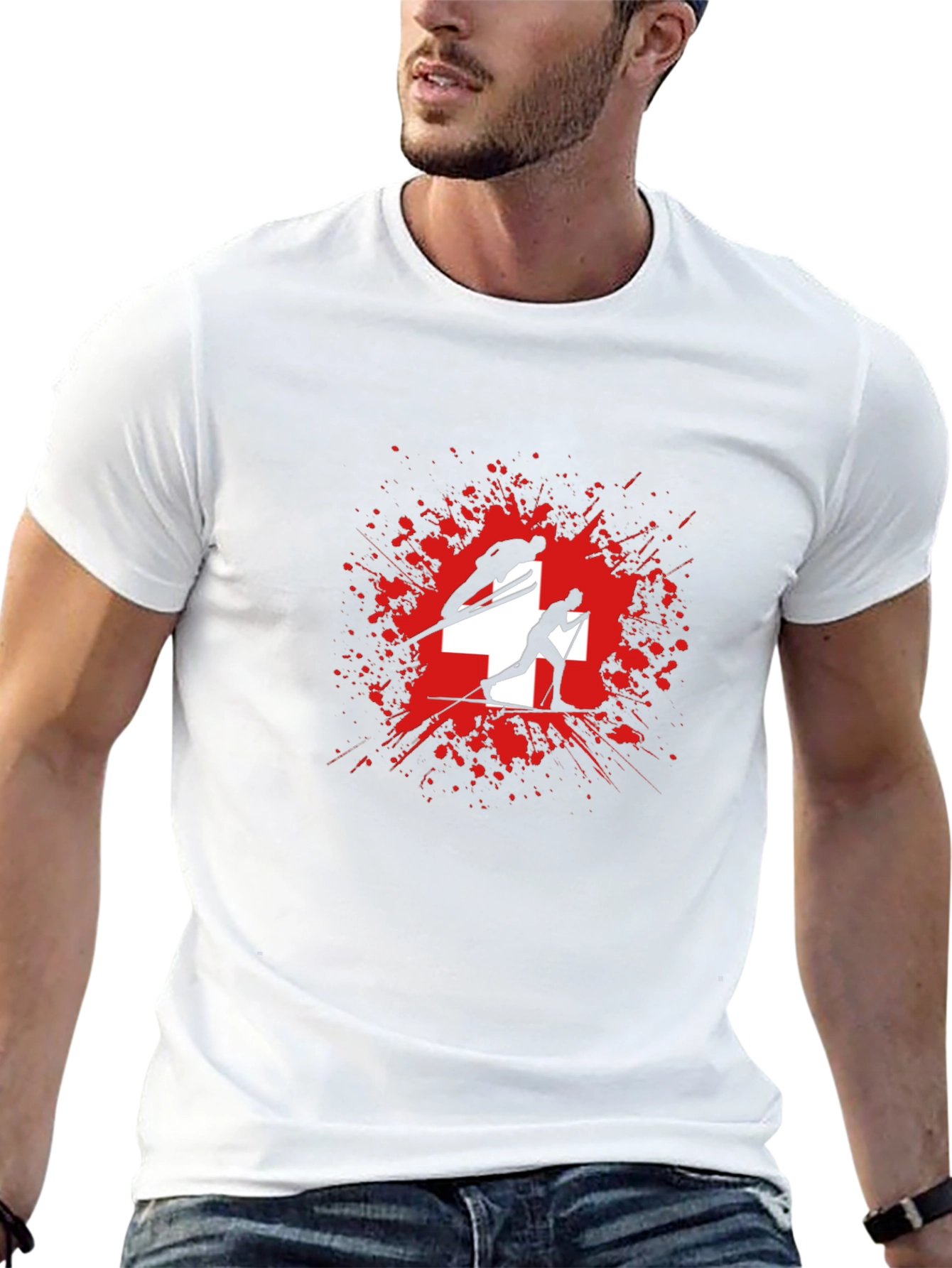 Swiss Skiing T-Shirt - Red Splash Design