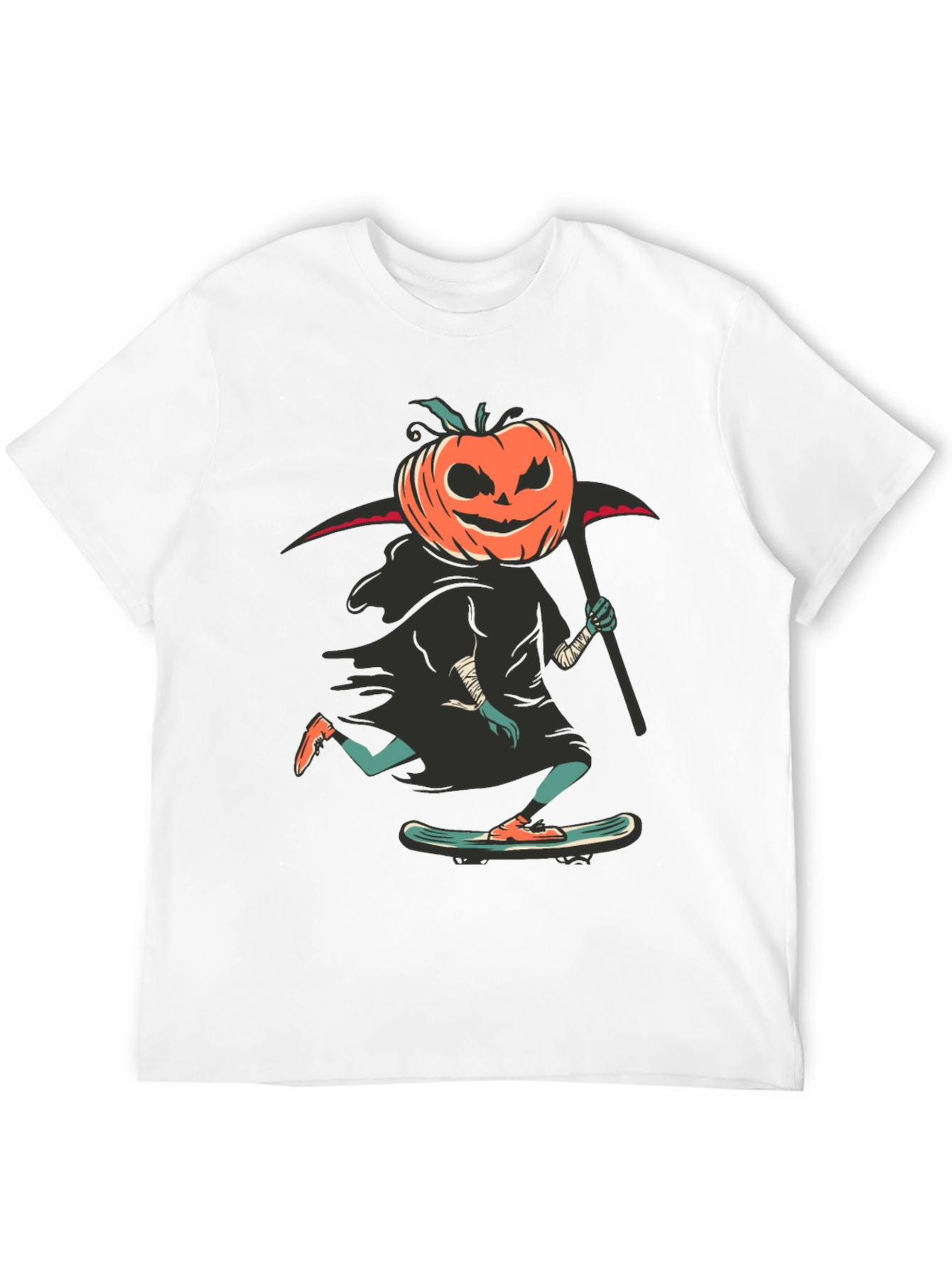 Skateboarding Pumpkin Reaper Graphic Tee - Halloween Spooky Fun