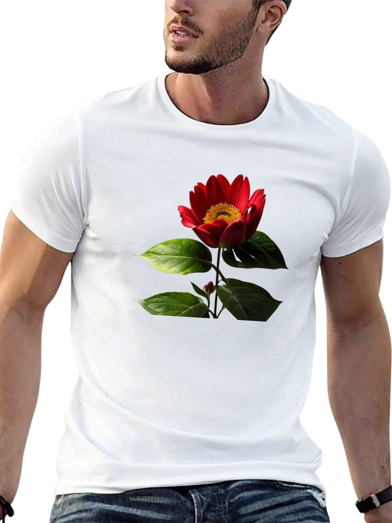Black T-Shirt with Red Flower Print