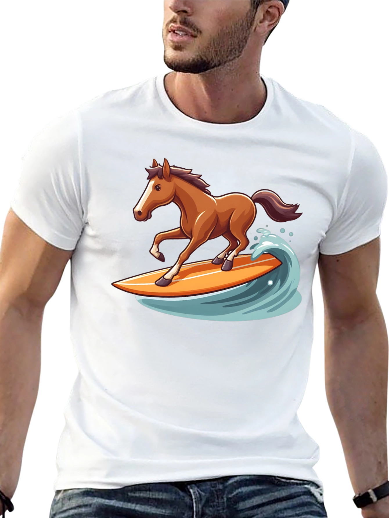 Surfing Horse Graphic Tee - Black Cotton T-Shirt
